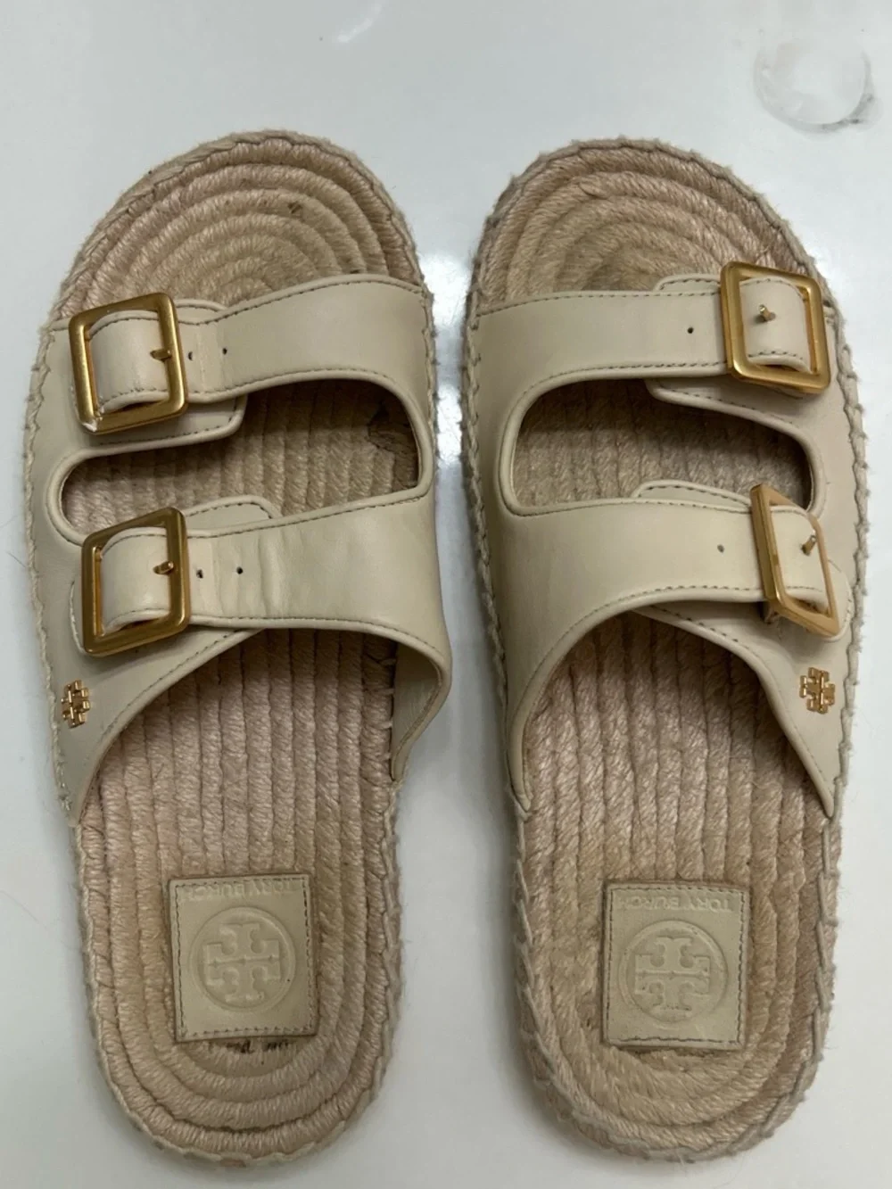 Tory Burch Cream Double-Strap Espadrille Slides with Gold Buckles
